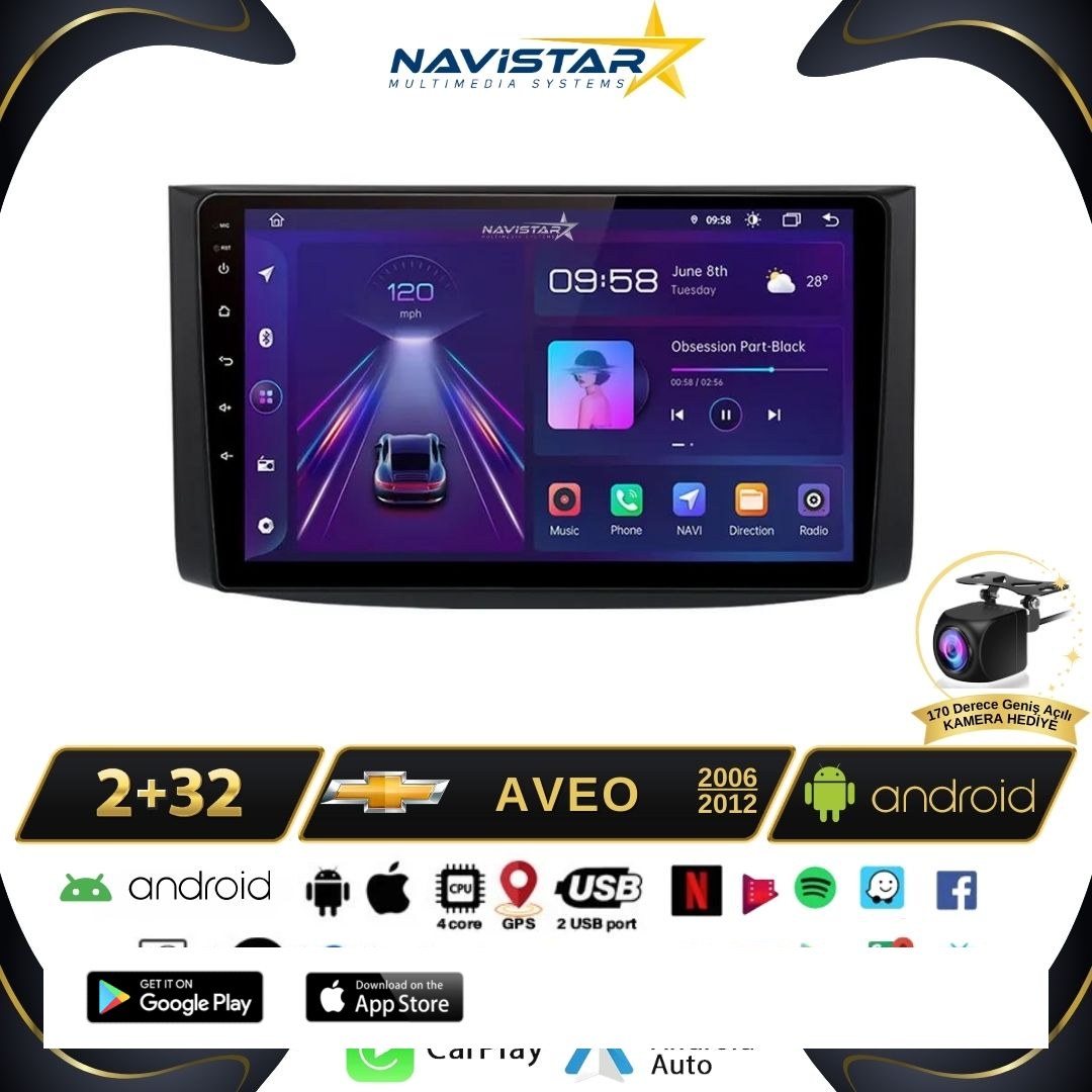 Chevrolet Aveo  2006-2012 Model 2GB + 64GB Android 13 Kablosuz Carplay Navigasyon Multimedya Sistemi