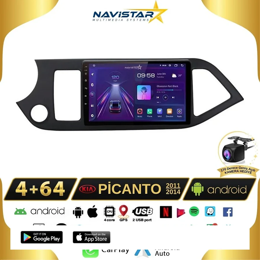 Kia Picanto 2011-2014 Model 4+64GB Android 13 Kablosuz Carplay Navigasyon Multimedya Sistemi