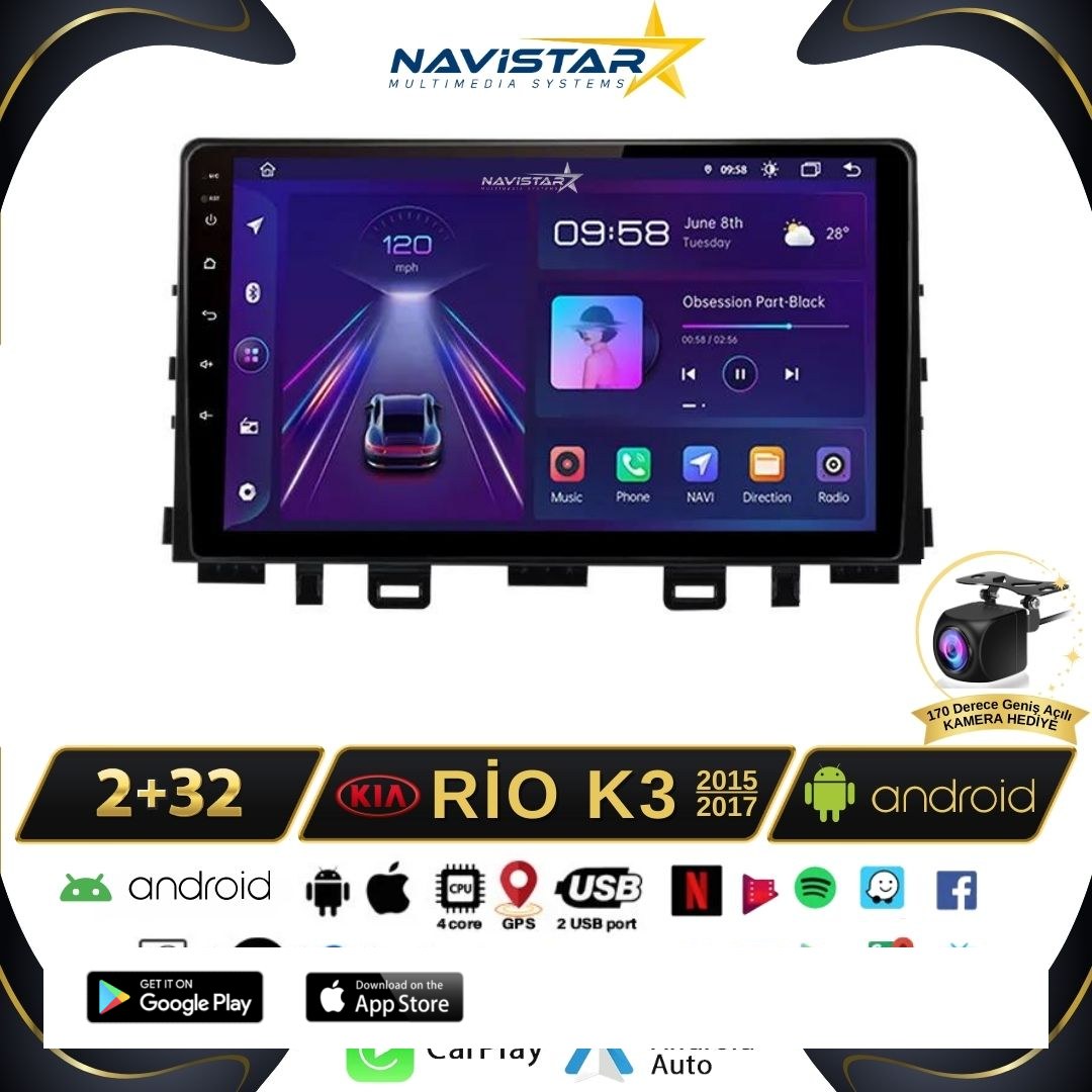 Kia Rio K3 2015-2017 Model 2+64GB Android 13 Kablosuz Carplay Navigasyon Multimedya Sistemi
