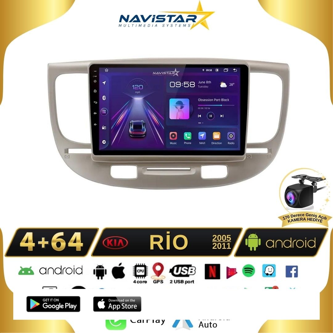 Kia Rio2 2005-2011 Model 4+64GB Android 13 Kablosuz Carplay Navigasyon Multimedya Sistemi