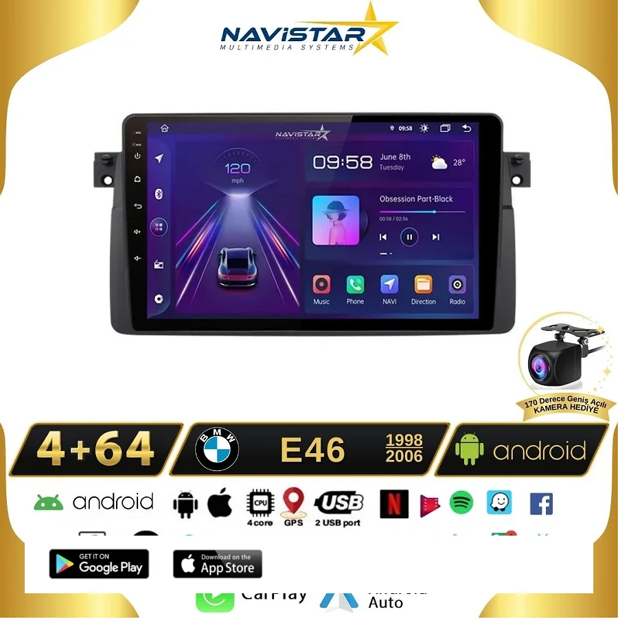 Bmw E46 1998-2006 Model 4GB + 64GB Android 13 Kablosuz Carplay Navigasyon Multimedya Sistemi