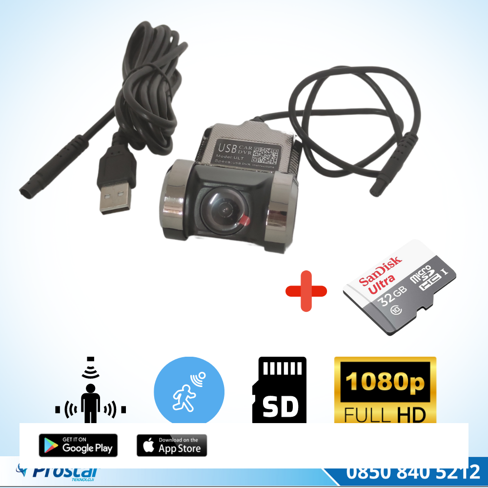 Araç Dvr Sürüş Kaydedici Kamera Usb Full Hd (32 Gb Sd Kart Dahil) 1080P 170° Geniş Açı