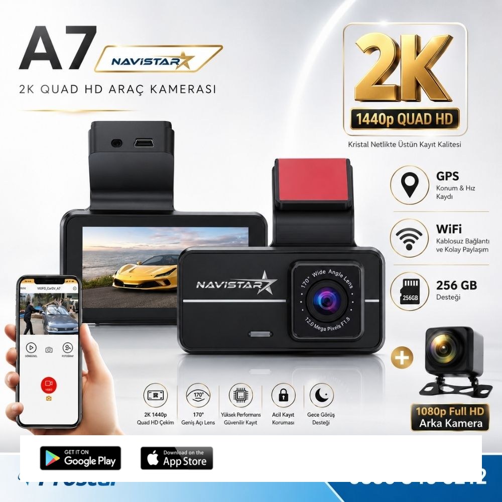 A7 Wifi + GPS 2K Çift Kameralı 170° Geniş Açı Lens Gece Görüşlü Akıllı Araç içi Kamera + 1080P Arka Kamera