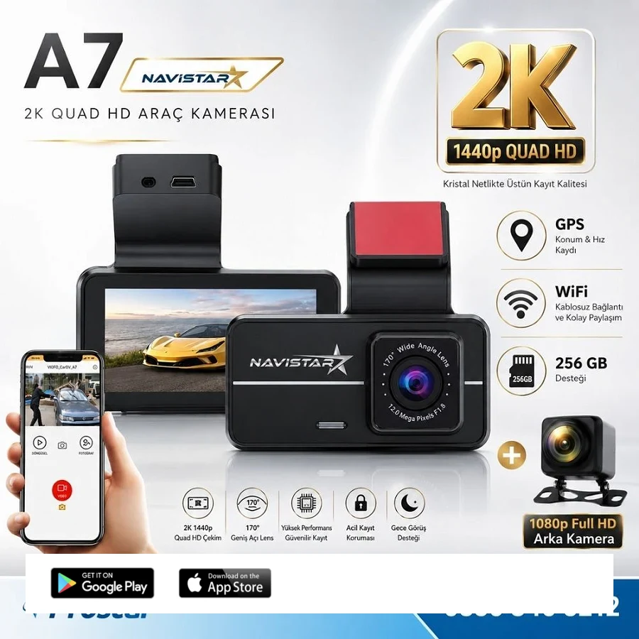 A7 Wifi + GPS 2K Çift Kameralı 170° Geniş Açı Lens Gece Görüşlü Akıllı Araç içi Kamera + 1080P Arka Kamera