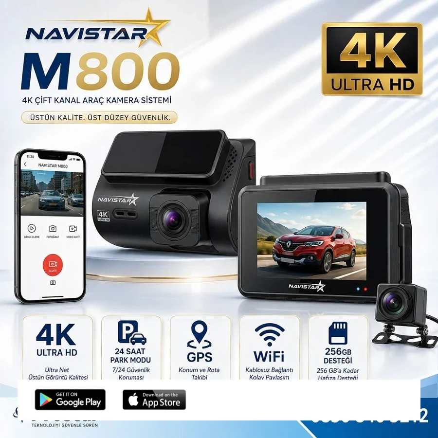 M800 Wifi + GPS 4K Çift Kameralı 170° Geniş Açı Lens Gece Görüşlü Akıllı Araç İçi Kamera + 1080P Arka Kamera