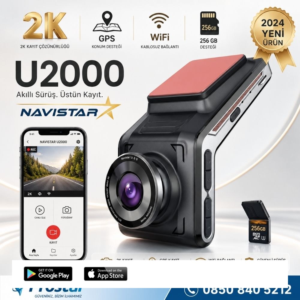 U2000 Wifi + GPS 1440P 170° Geniş Açı Gece Görüşlü Akıllı Araç içi Kamera