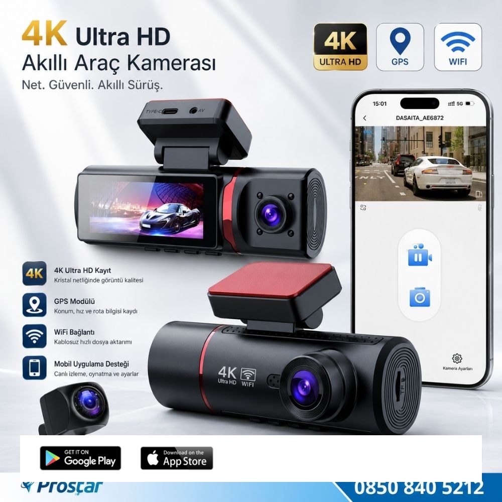 3 Kameralı 4K Ultra HD Ön, iç ve Arka Wifi GPS G-Sensör Park Modu Dashcam Kamera