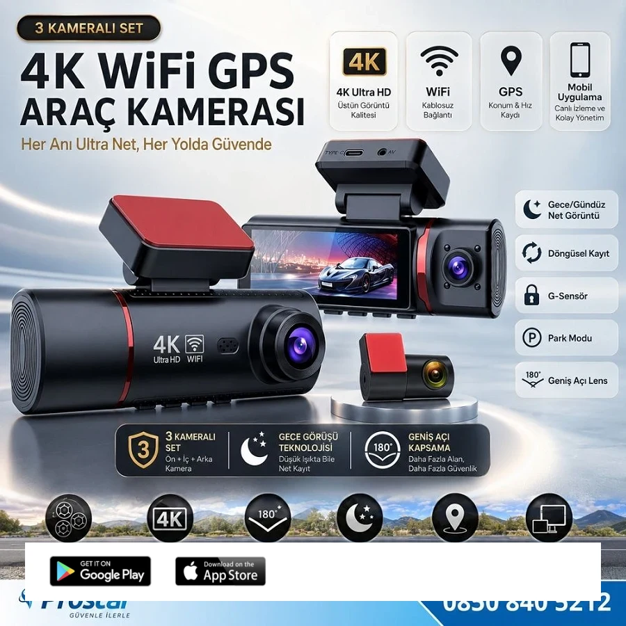 4K Ultra HD 3 Kameralı Ön, iç ve Arka Wifi GPS G-Sensör Park Modu Dashcam Kamera