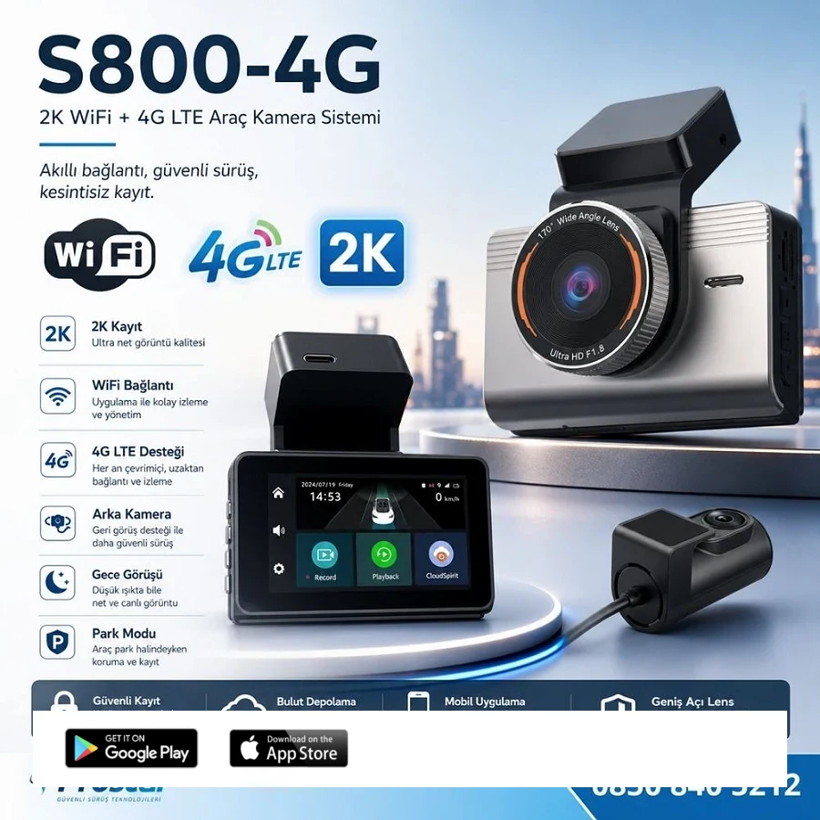4G Uzaktan izlemeli 2 kameralı 2K+1080P Yüksek Çözünürlüklü Dashcam Kamera