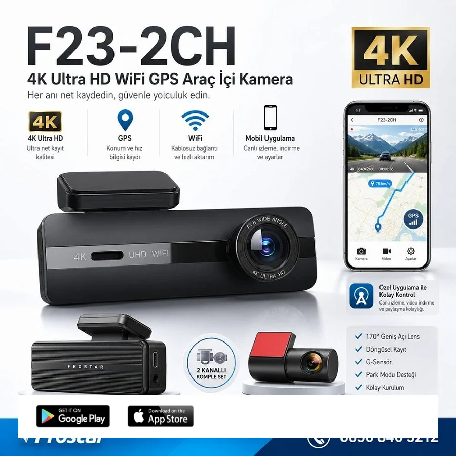 2 Kameralı 4K+1080P Ekransız WIFI GPS 24 Saat Park Modu Özellikli Dashcam Kamera