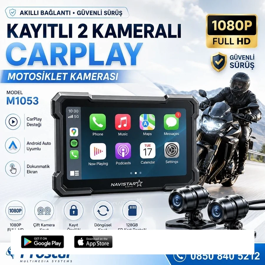 5 inç Carplay Motosiklet Kamera Seti 2K 1440P 2 Kameralı Wifi Bluetooth Lastik Basınç göstergeli