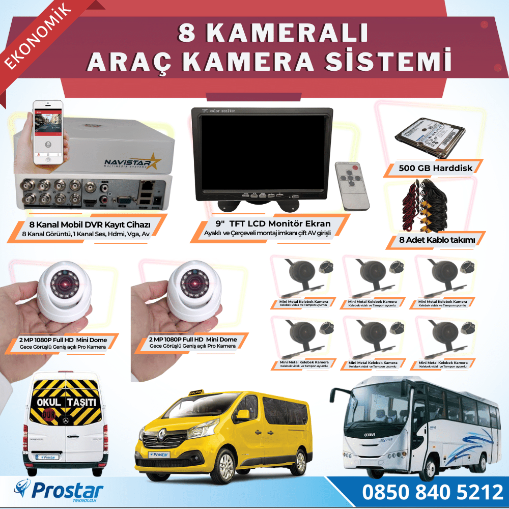 8 Kameralı Kayıtlı 1 Tb Hdd 9 Inç Ekranlı Uzaktan İzlemeli Tak Kullan Set