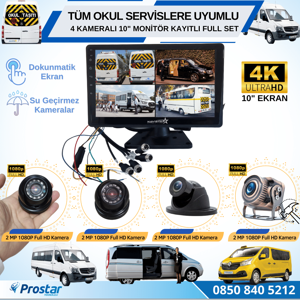 Kayıtlı Servis Okul Kamera Seti 4 Kameralı 10 Inç Dokunmatik Ekranlı 256 Gb Sd Destekli Tak Kullan