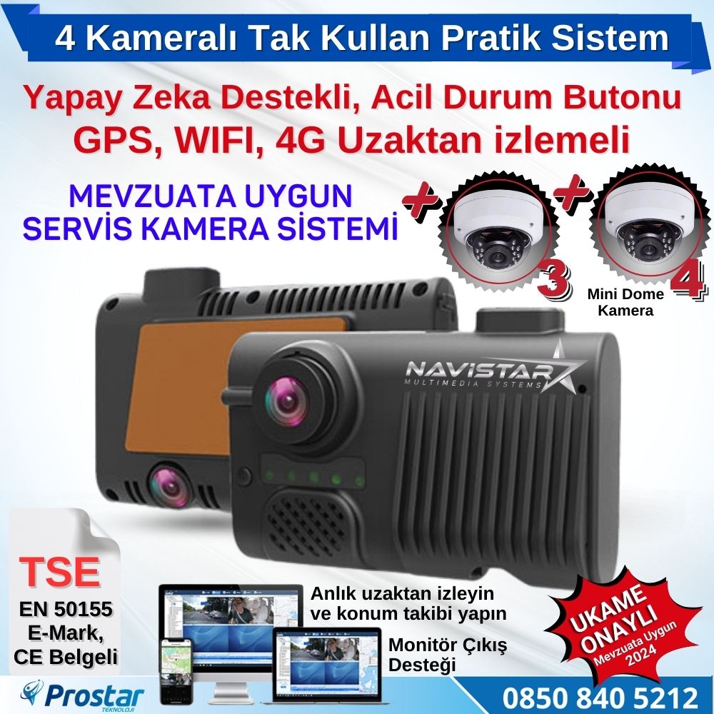 4 Kameralı 4G GPS Wifi Acil Durum butonu dahil Pratik Montaj Kamera Seti