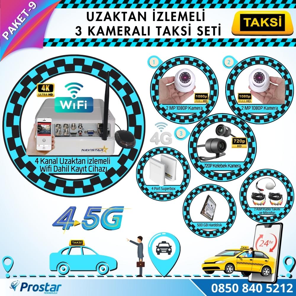 Taksi Kamera Seti 9 Uzaktan Izlemeli 3 Kameralı Wifi 4G 500 Gb Harddisk Dahil