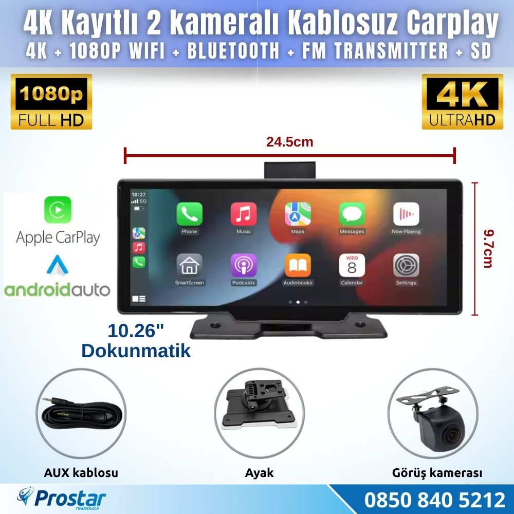 Dokunmatik 10.26 inç 4K+1080P Çift Kameralı Kablosuz Carplay Wifi Bluetooth Set