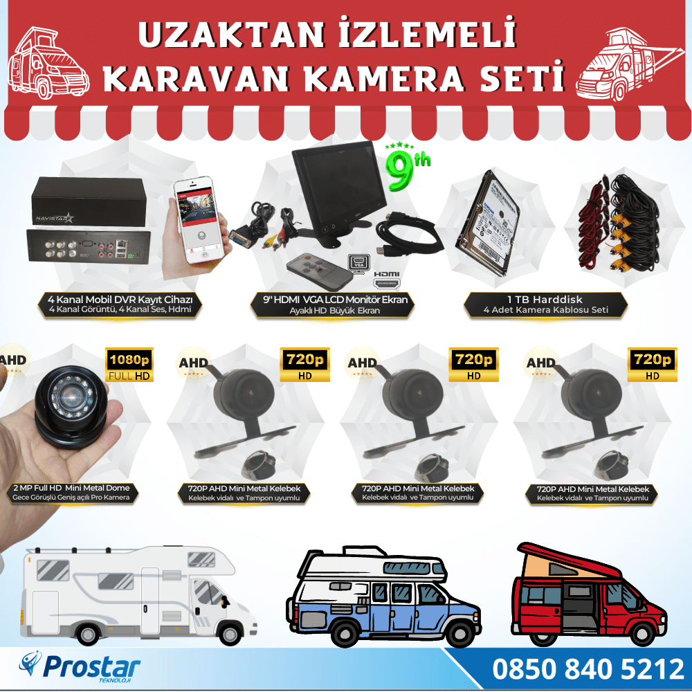 Karavan 1 Tb Harddiskli 9 Inç Hdmi Monitörlü 4 Kameralı Uzaktan İzlemeli Kayıtlı Kamera Seti