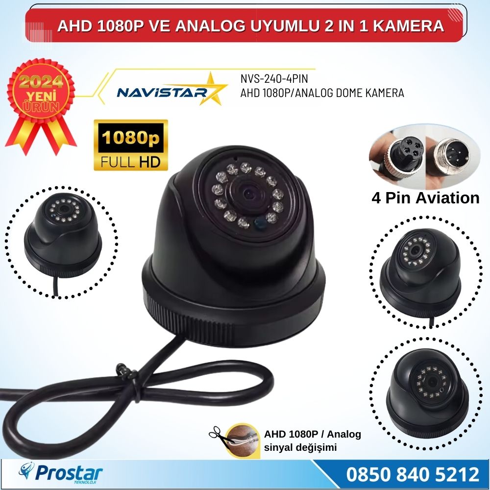 AHD 1080P ve Analog Pal Çevrilebilir 4 Pin Plastik Dome Araç Kamerası