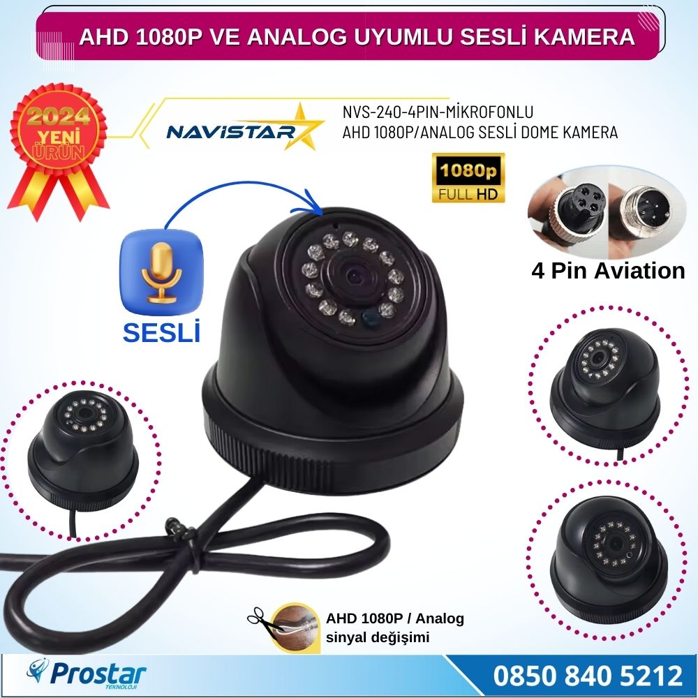 Mikrofonlu AHD 1080P ve Analog Pal Çevrilebilir 4 Pin Plastik Dome Araç Kamerası
