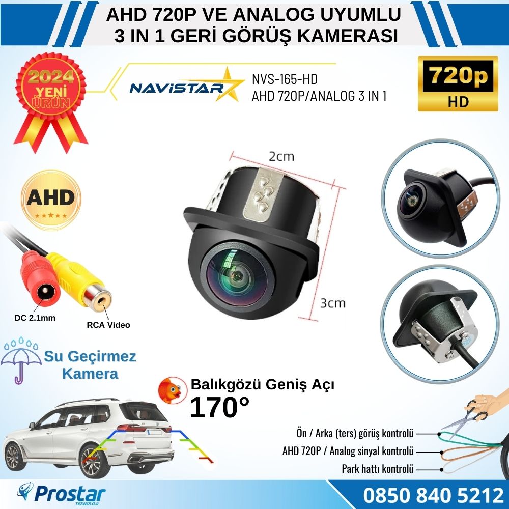 AHD 720P ve Analog Pal Çevrilebilir 170 Derece Balıkgözü Geniş Açılı Geri Görüş Kamerası