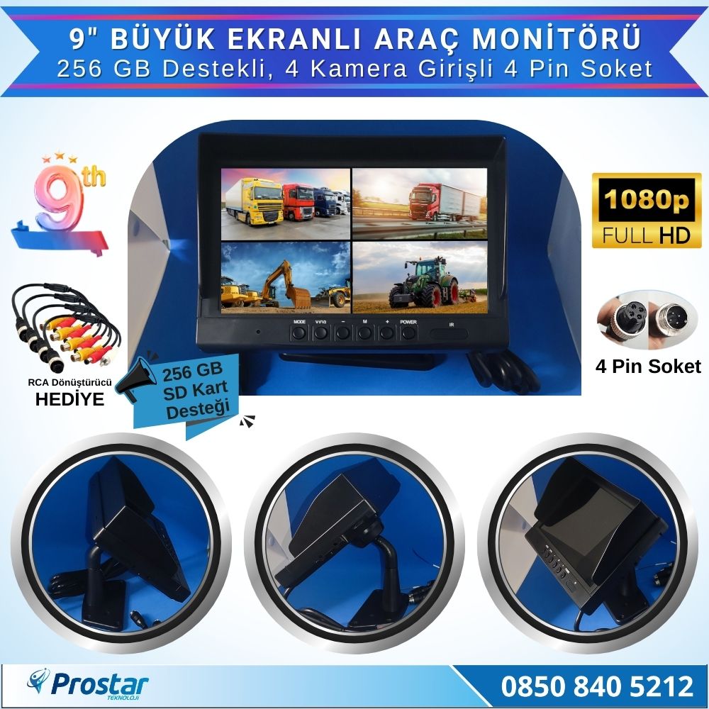 Kayıtlı 9" Monitörlü Ahd 720P/1080P Uyumlu 256Gb Sd Destekli 4Pin Kamera Destekli