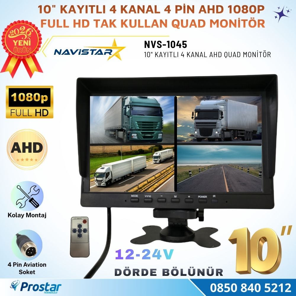 Kayıtlı 10 inç 4 Kanal Full HD Tak Kullan Quad AHD Analog Uyumlu Araç Monitörü 12-24V