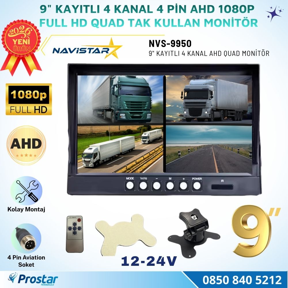 Kayıtlı 9 inç 4 Kanal Full HD AHD Analog Uyumlu Quad Araç Monitörü 12-24V