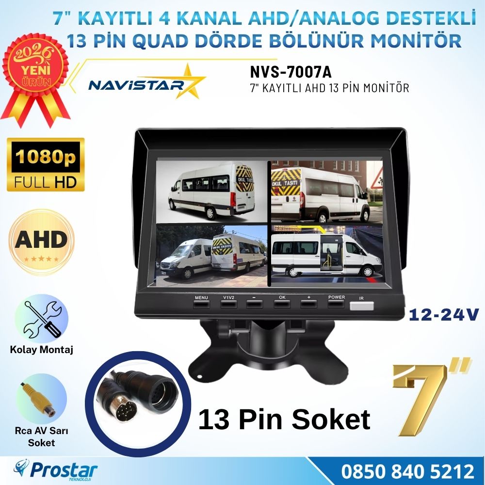 Kayıtlı 7 inç 4 Kanal 13 Pin IPS AHD 1080P 720P Analog 256 GB SD Destekli Quad Araç Monitörü 12-24V