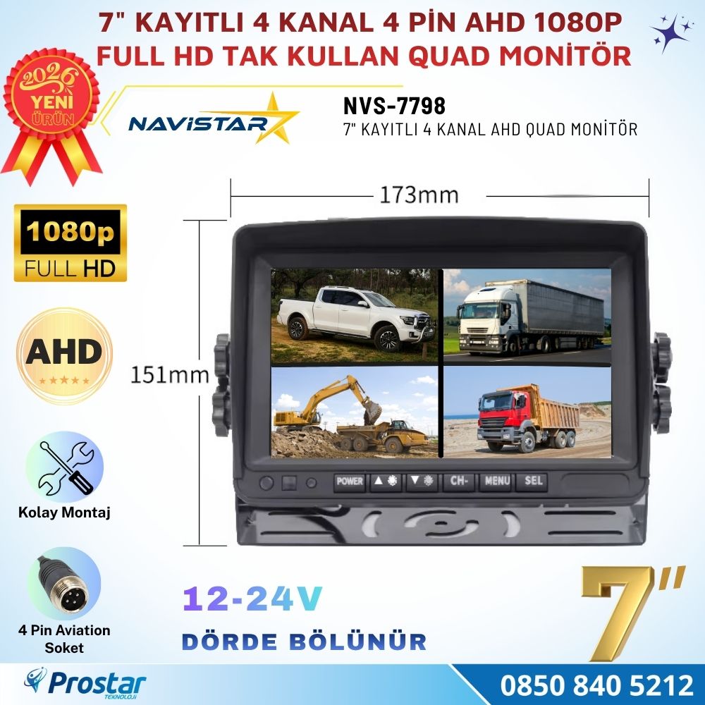 Kayıtlı 7 inç 4 Kanal Full HD Quad AHD/Analog 4 Pin Araç Monitörü 256 GB SD Kart Destekli 12-24V
