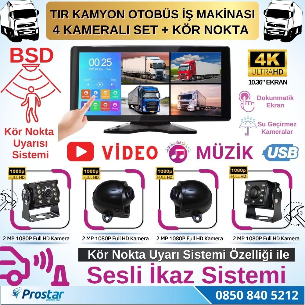 Tır ve Kamyon 10.36" Dokunmatik 4 kameralı 256 GB Destekli Kör Nokta Uyarı Sistemli Kamera Seti