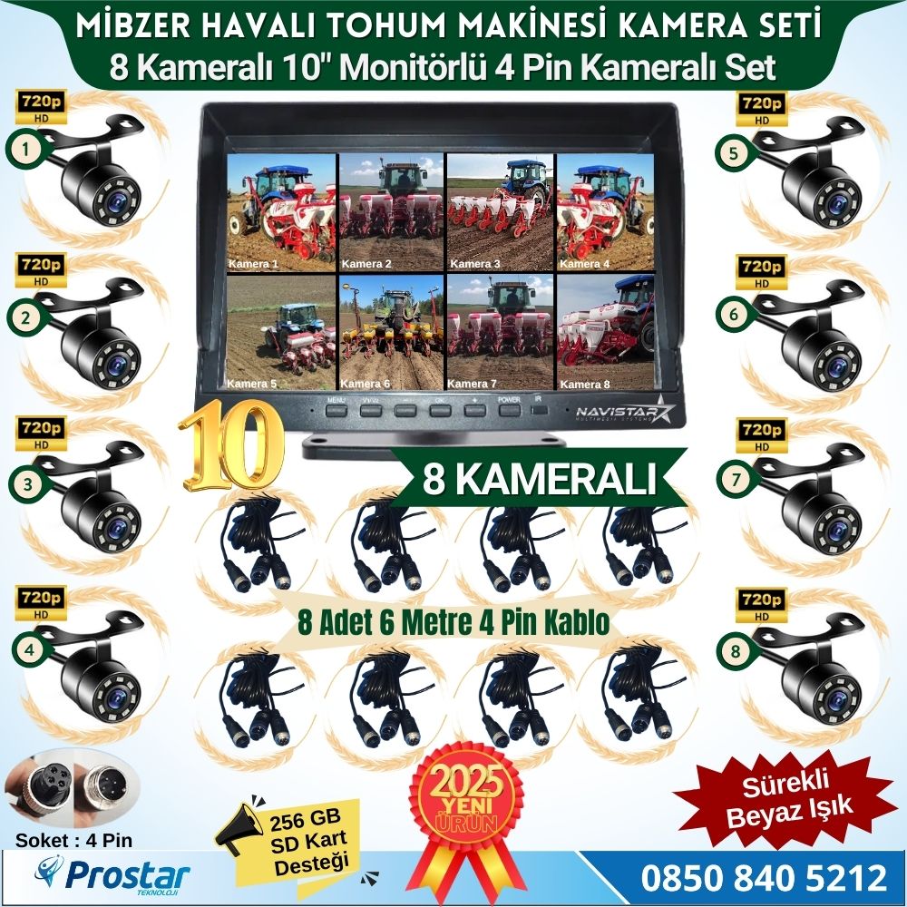 Mibzer için 8 Kameralı 10 inç Sekize Bölen Monitör Kayıtlı 256 Gb Sd Kart Destekli