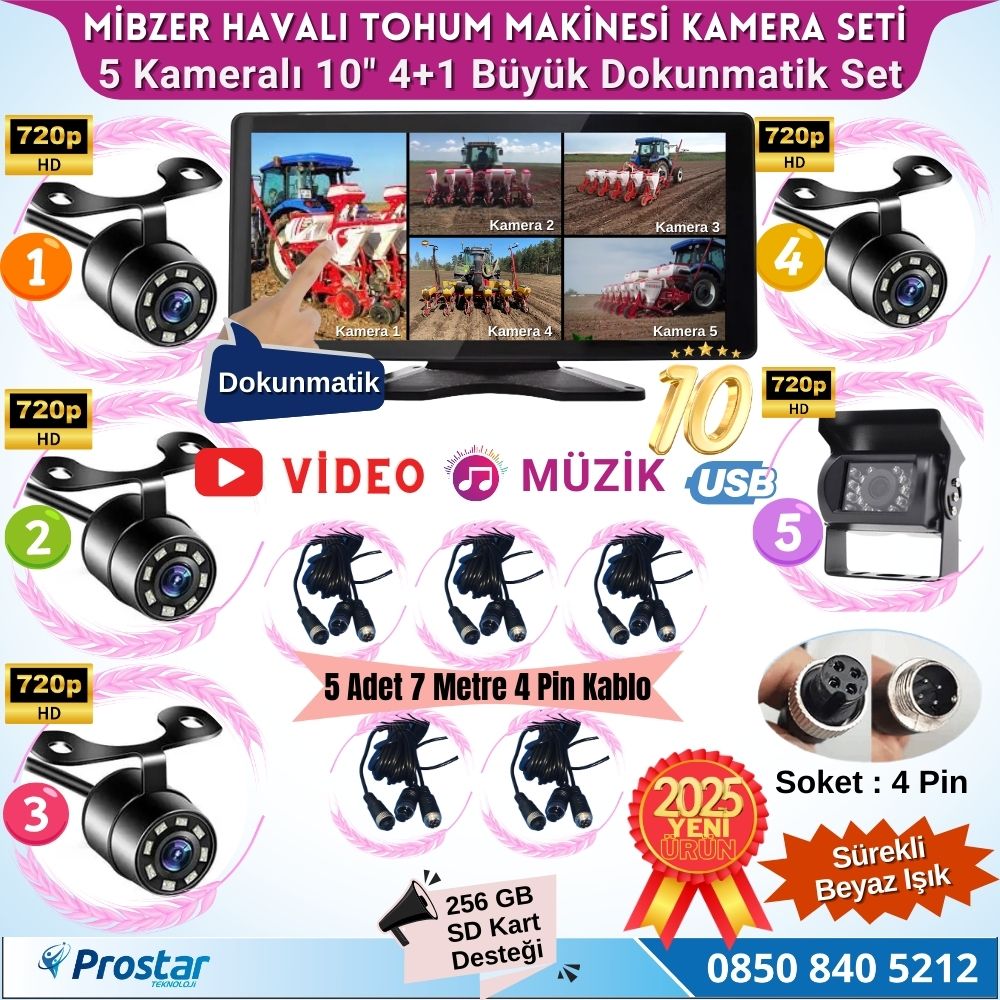Mibzer için 4+1 Büyük Kameralı 10.36 inç Dokunmatik Monitör Beşe Bölen Kayıtlı 256 Gb Sd Kart Destekli