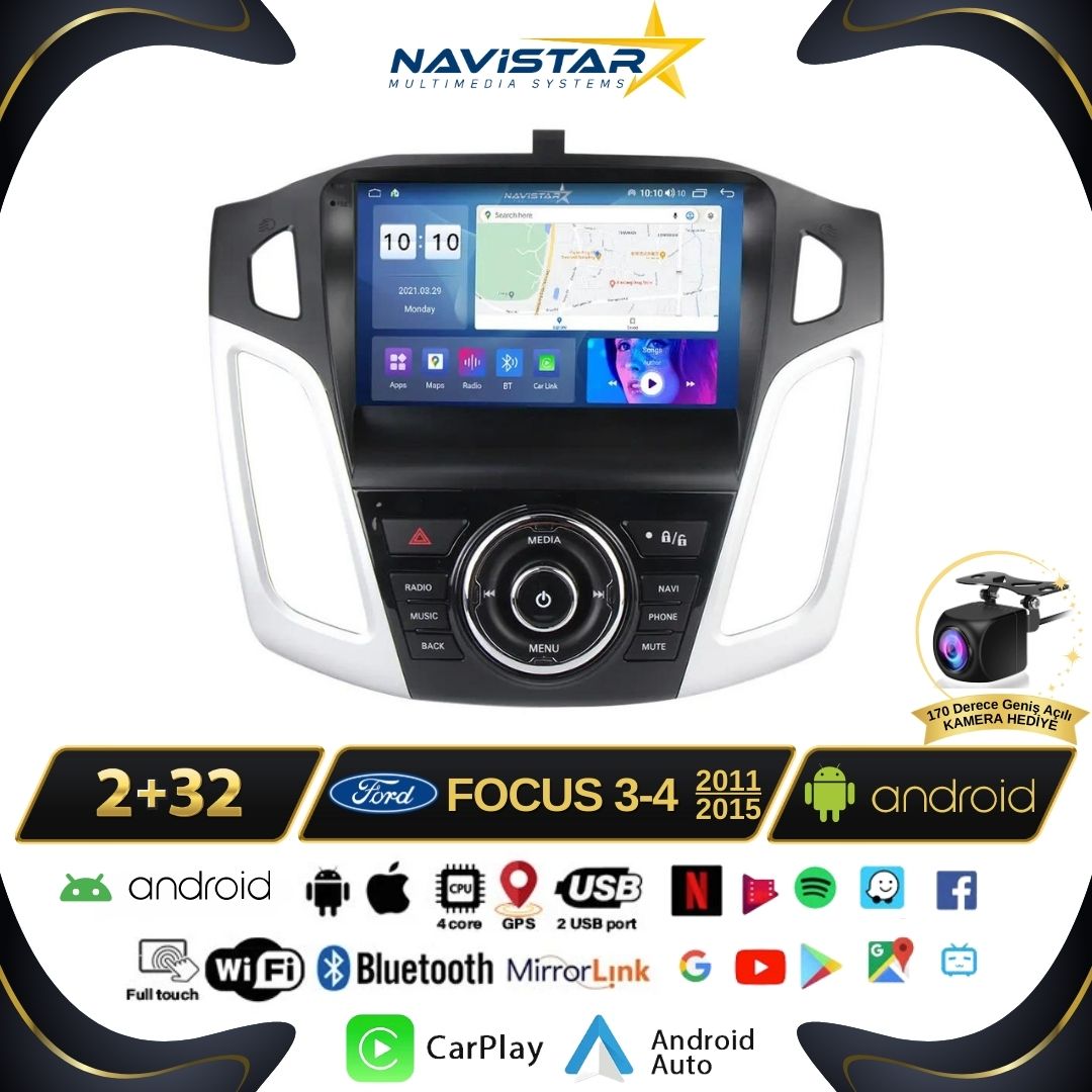 Ford Focus 34 2+64GB Kablosuz Carplay 2011-2015 Android 13 Navigasyon Multimedya Sistemi