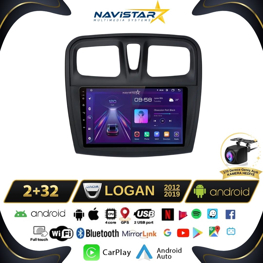 Dacia Logan 2012-2019 Model 2+64GB Android 13 Kablosuz Carplay Navigasyon Multimedya Sistemi