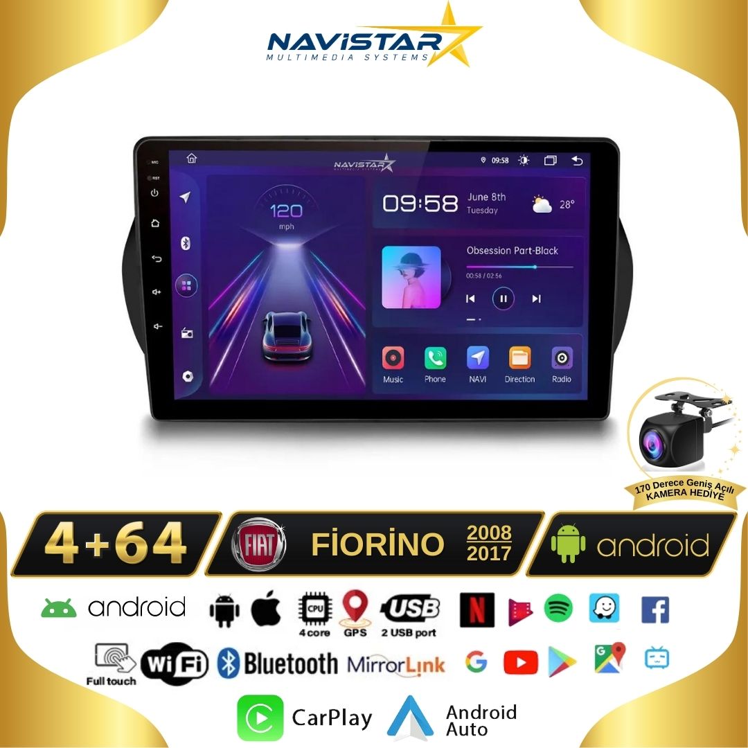 Fiat Fiorino 4GB + 64GB Kablosuz Carplay 2008-2017 Android 13 Navigasyon Multimedya Sistemi
