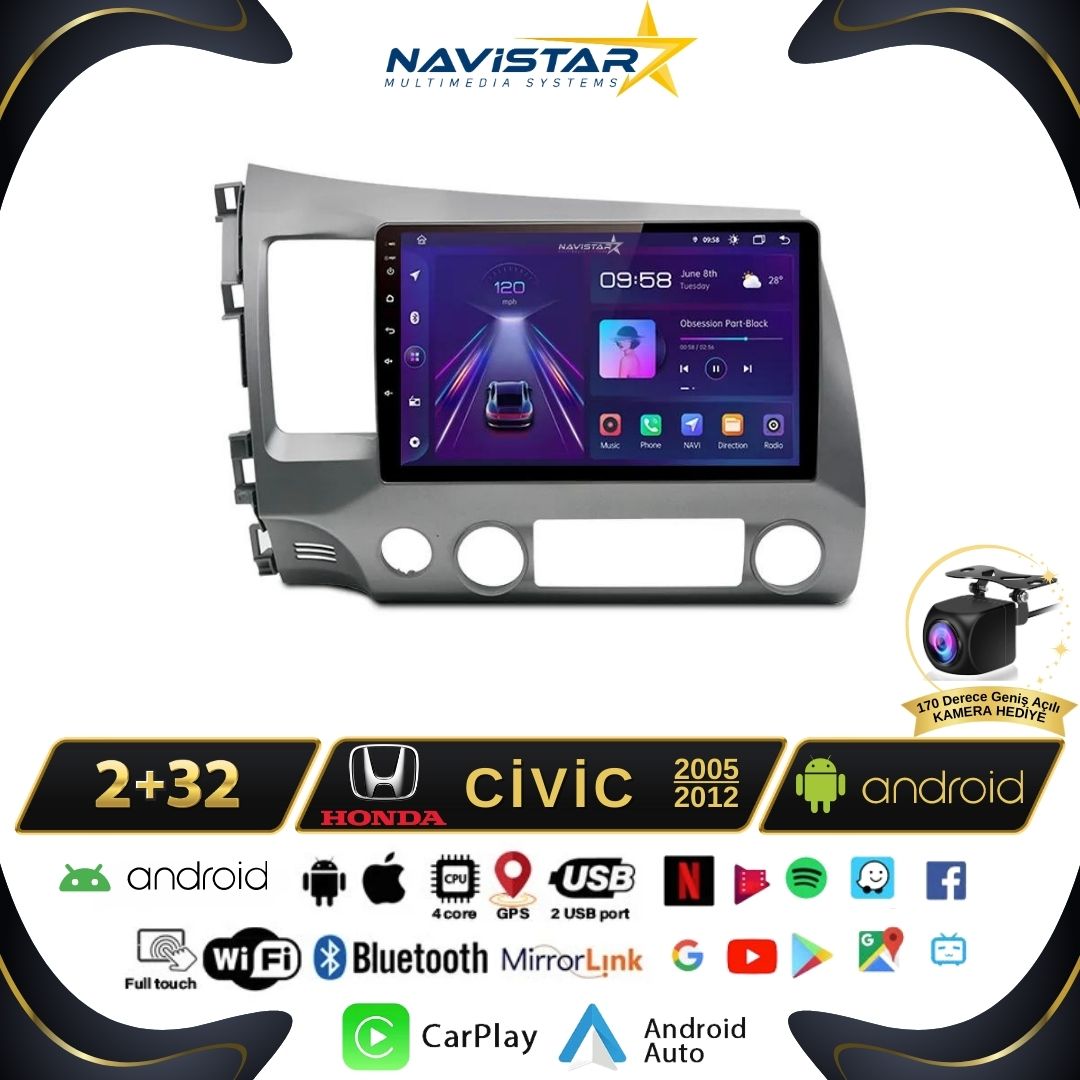 Honda Civic 2005-2012 Model 2GB + 64GB Android 13 Kablosuz Carplay Navigasyon Multimedya Sistemi