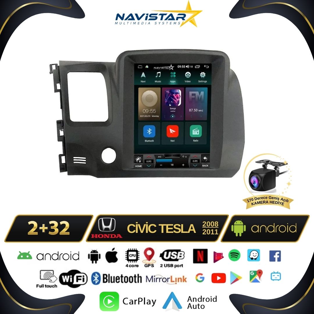 Honda Civic 2005-2012 Tesla Model 2GB + 32GB Kablosuz Carplay Navigasyon Multimedya Sistemi