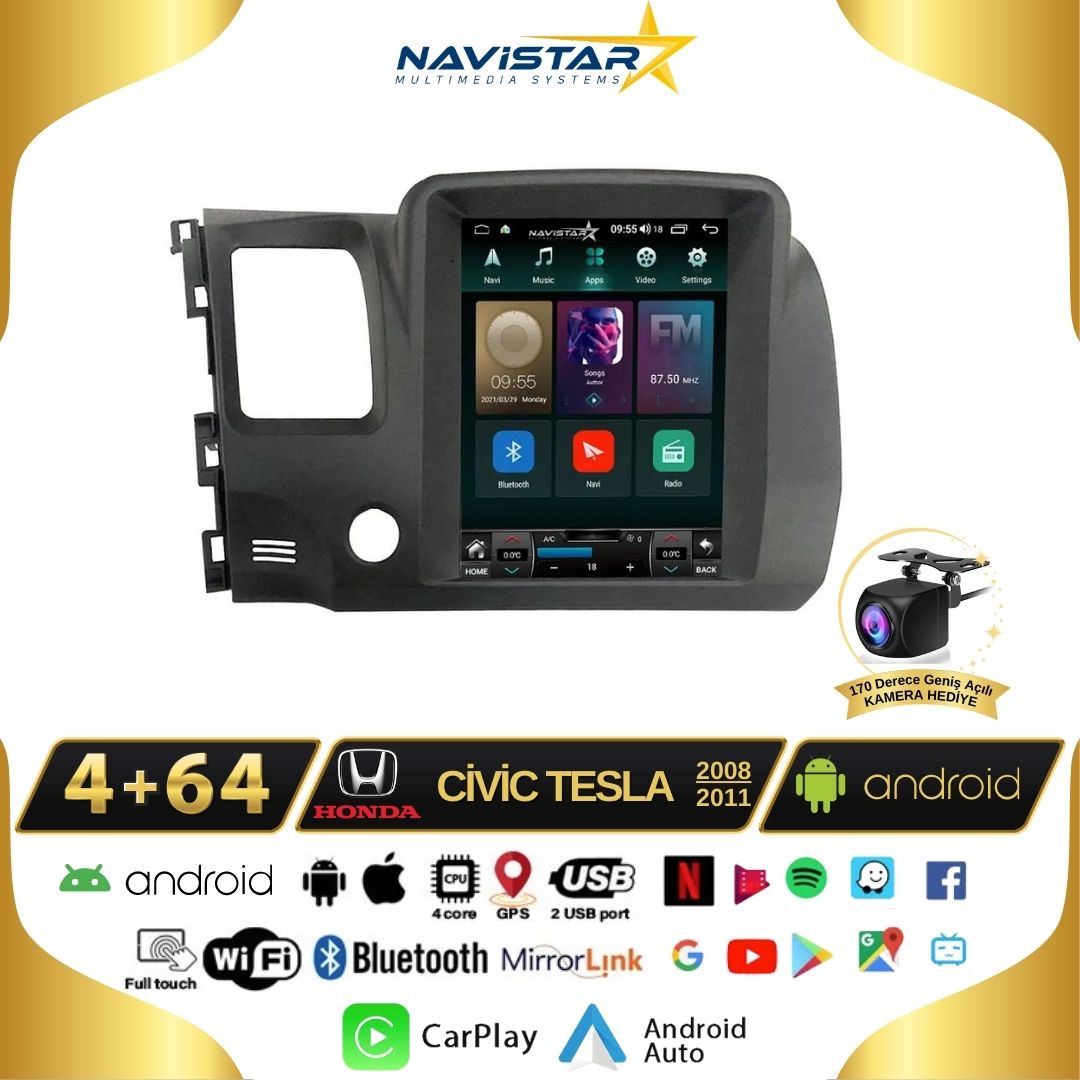Honda Civic Tesla 4GB + 64GB 2008-2011 Model Kablosuz Carplay Navigasyon Qled Multimedya Sistemi