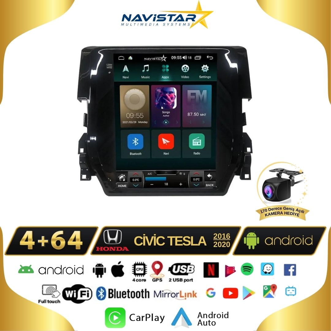 Honda Civic Tesla 4GB + 64GB 2016-2020 Model Kablosuz Carplay Navigasyon Qled Multimedya Sistemi