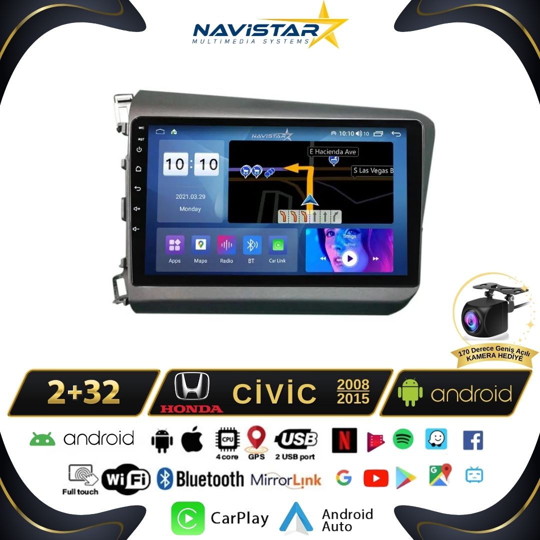 Honda Civic 2008-2015 Model 2GB + 64GB Android 13 Kablosuz Carplay Navigasyon Multimedya Sistemi