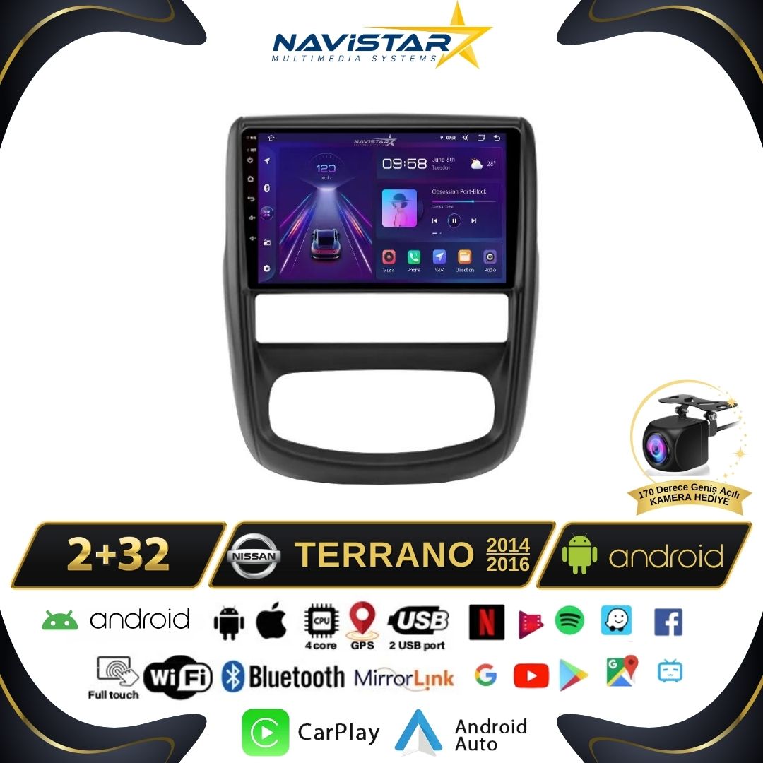 Nissan Terrano 2014-2016 Model 2GB + 64GB Android 13 Kablosuz Carplay Navigasyon Multimedya Sistemi