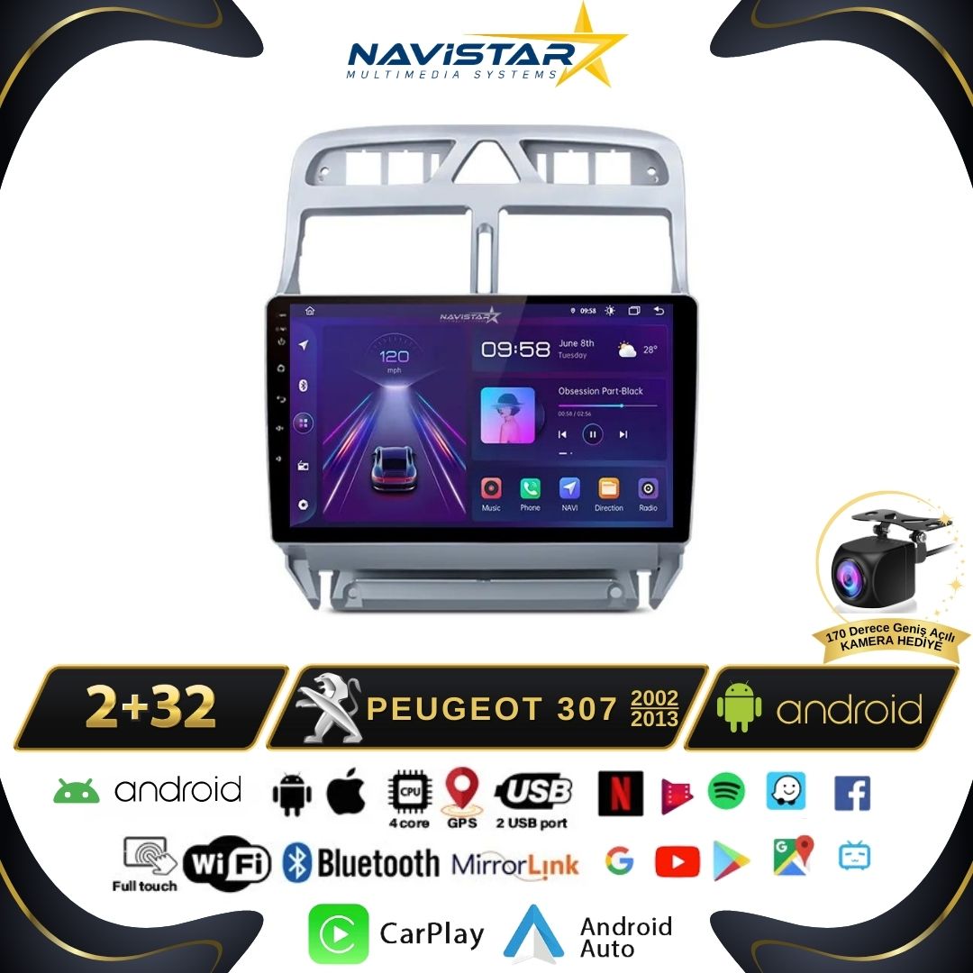 Peugeot 307 2002-2013 Model 2GB + 64GB Android 13 Kablosuz Carplay Navigasyon Multimedya Sistemi