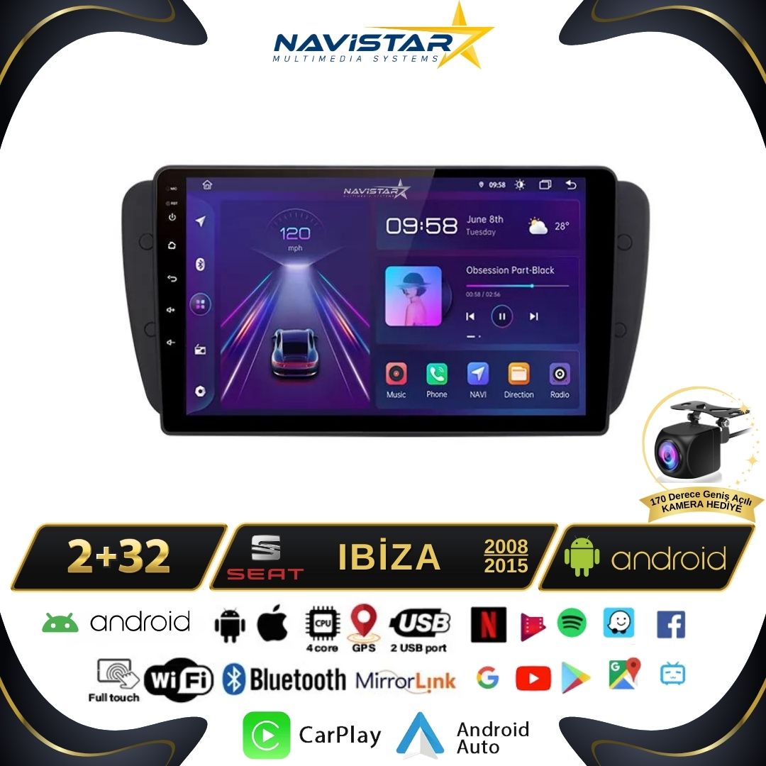 Seat Ibiza 20082015 Model 2GB + 64GB Android 13 Kablosuz Carplay Navigasyon Multimedya Sistemi