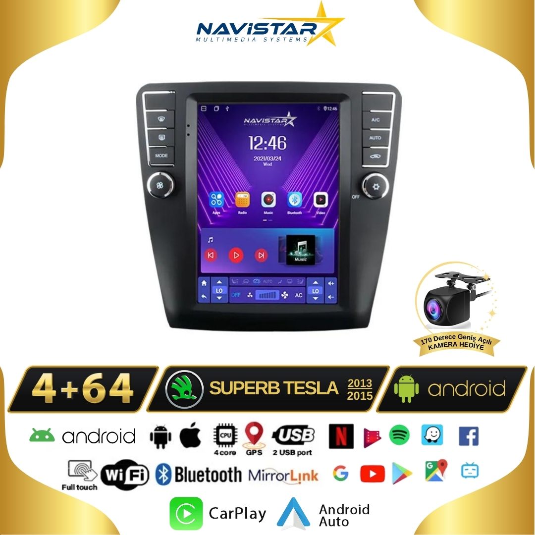 Skoda Superb Tesla 4GB + 64GB 2013-2019 Model Kablosuz Carplay Navigasyon Qled Multimedya Sistemi