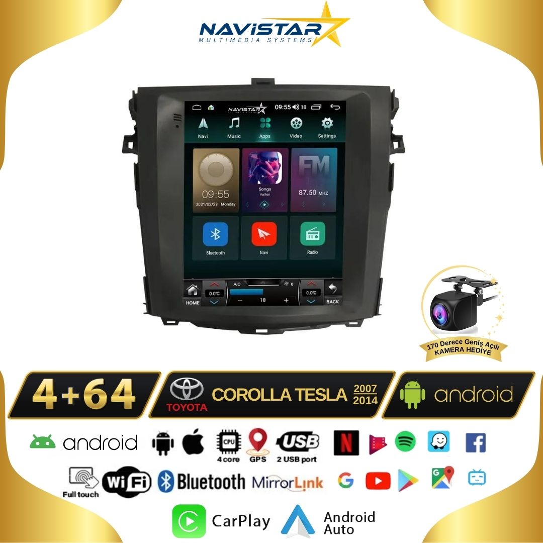 Toyota Corolla Tesla 4GB + 64GB 2007-2014 Model Kablosuz Carplay Navigasyon Qled Multimedya Sistemi