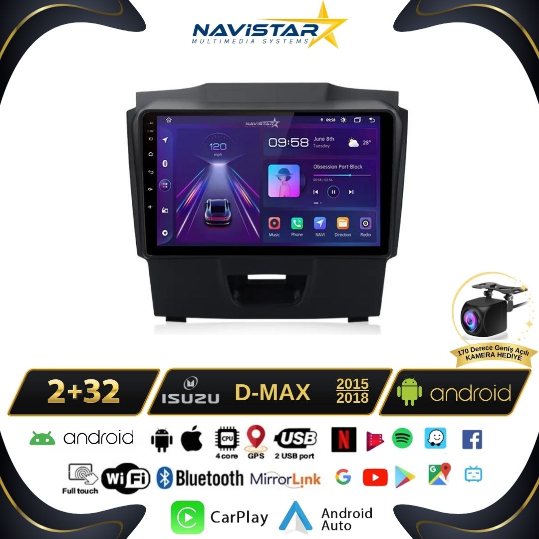 Isuzu DMax 2015-2018 Model 2GB + 64GB Android 13 Kablosuz Carplay Navigasyon Multimedya Sistemi