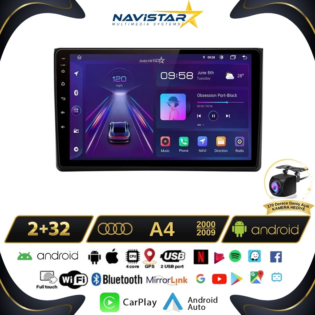 Audi A4 2000-2009 Model 2GB + 64GB Android 13 Kablosuz Carplay Navigasyon Multimedya Sistemi
