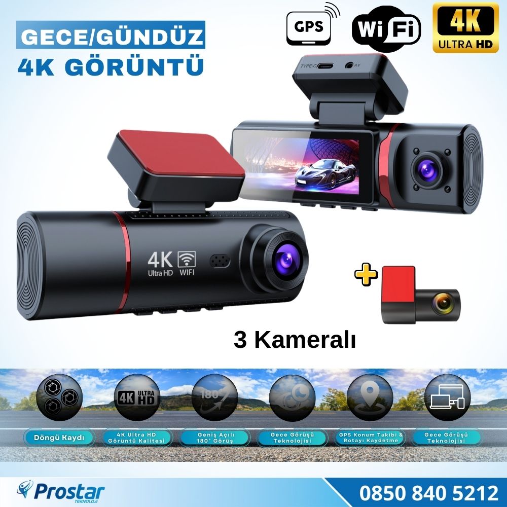 4K Ultra HD 3 Kameralı Ön, iç ve Arka Wifi GPS G-Sensör Park Modu Dashcam Kamera