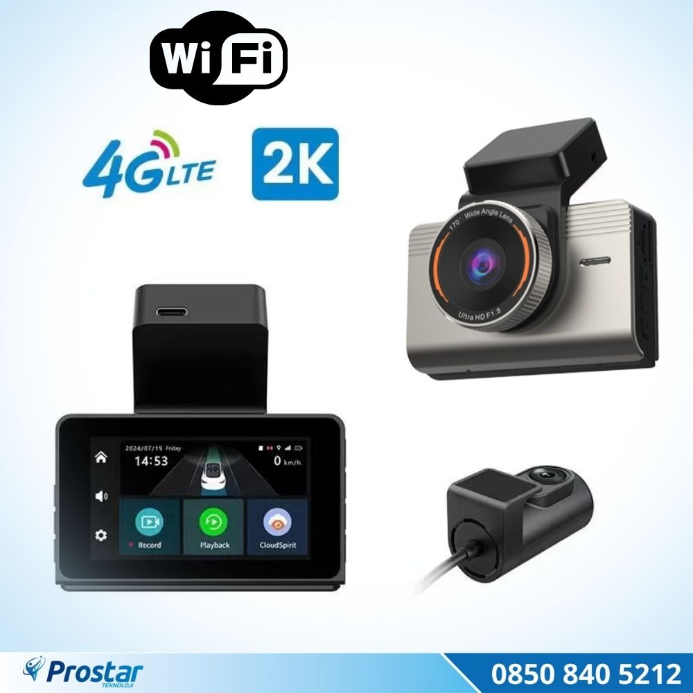 4G Uzaktan izlemeli 2 kameralı 2K+1080P Yüksek Çözünürlüklü Dashcam Kamera