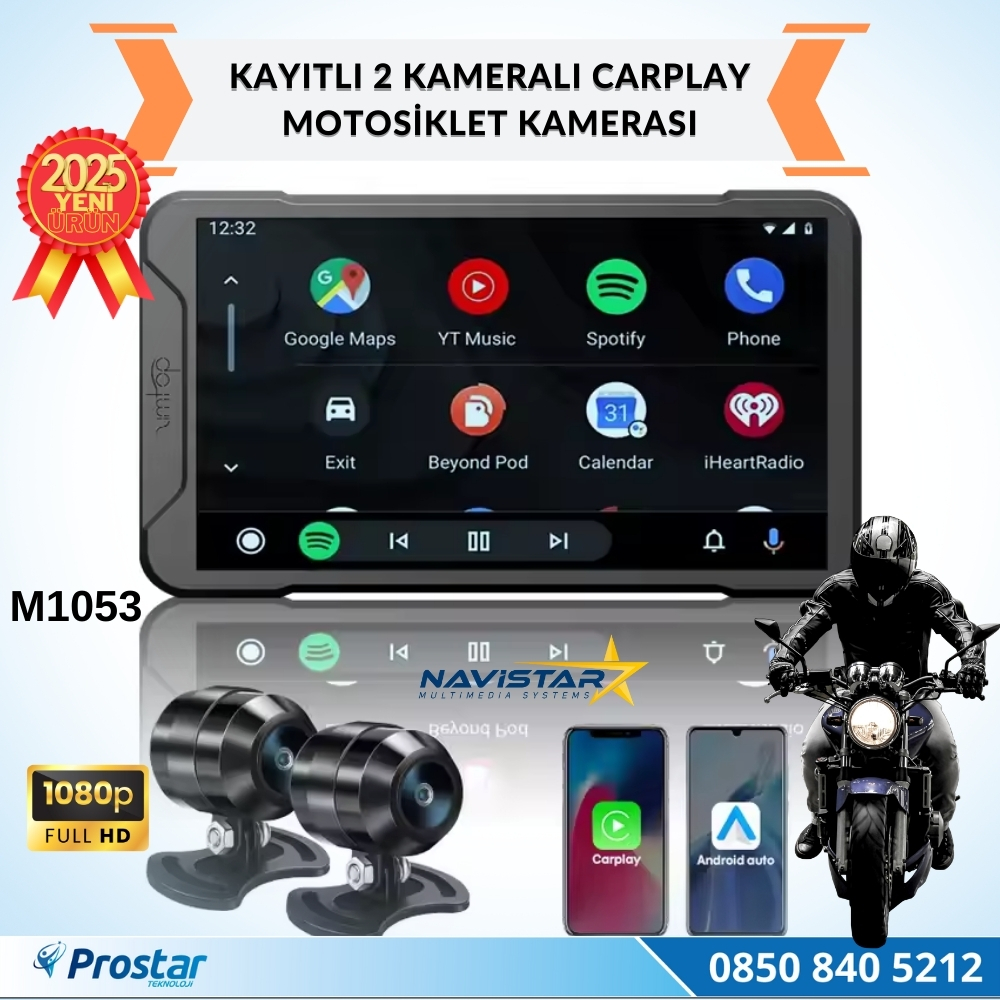 5 inç Carplay Motosiklet Kamera Seti 2K 1440P 2 Kameralı Wifi Bluetooth Lastik Basınç göstergeli